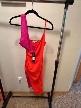 Fashion Nova Pink & Red One-Shoulder Draped Dress